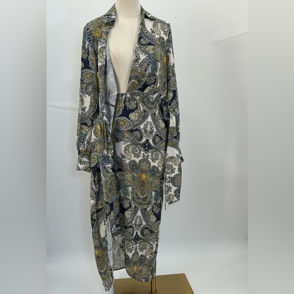 Magaschoni Sophisticated Paisley Belted Wrap Dress – Navy Gold Long Sleeve Midi - Picture 6 of 17